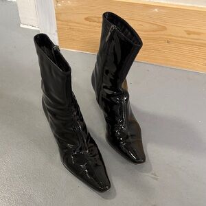 Aquatalia Black Patent Leather Pointed-Toe Mid-Calf Boots